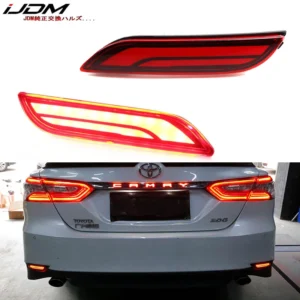 ijdm 3d optic led bumper reflector lights for 2018 up toyota camry, function as tail, brake rear fog lamps and turn signal light