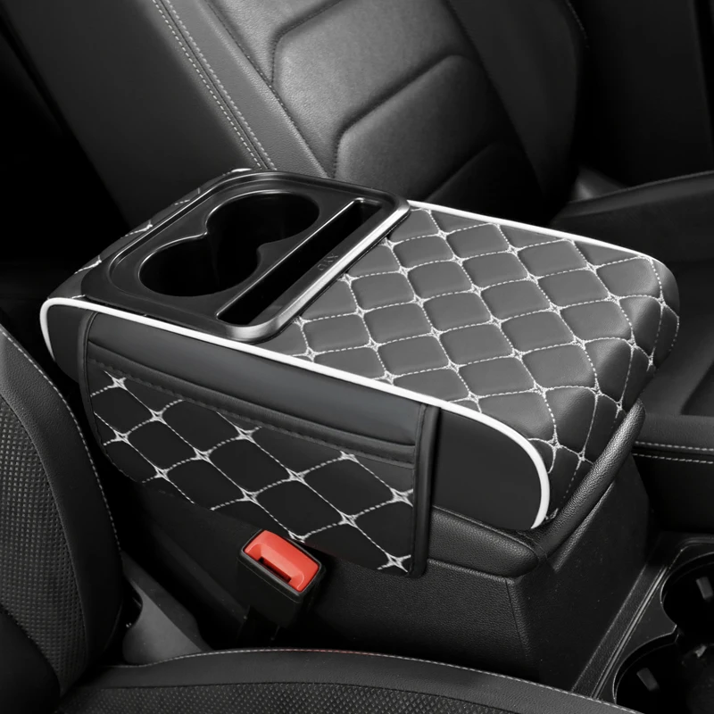 pu leather car center console storage height pad with cup holder, phone card slot, dual pockets or no pocket storage pu leather car center console storage height pad with cup holder, phone card slot, dual pockets or no pocket storage