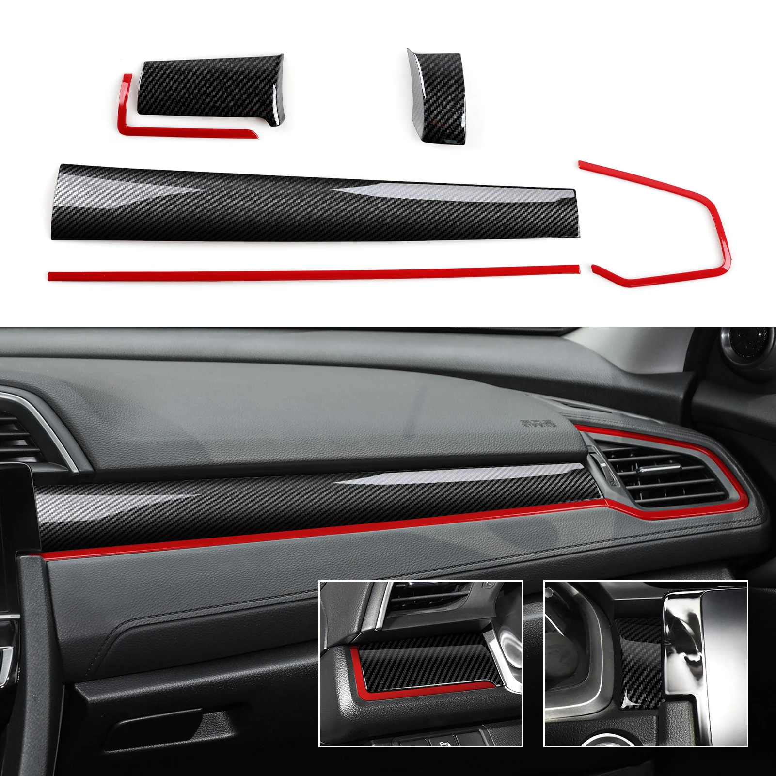 for honda civic 10th gen (2016 2021) accessories, car center console dashboard panel carbon fiber abs interior sticker red line for honda civic 10th gen (2016 2021) accessories, car center console dashboard panel carbon fiber abs interior sticker red line