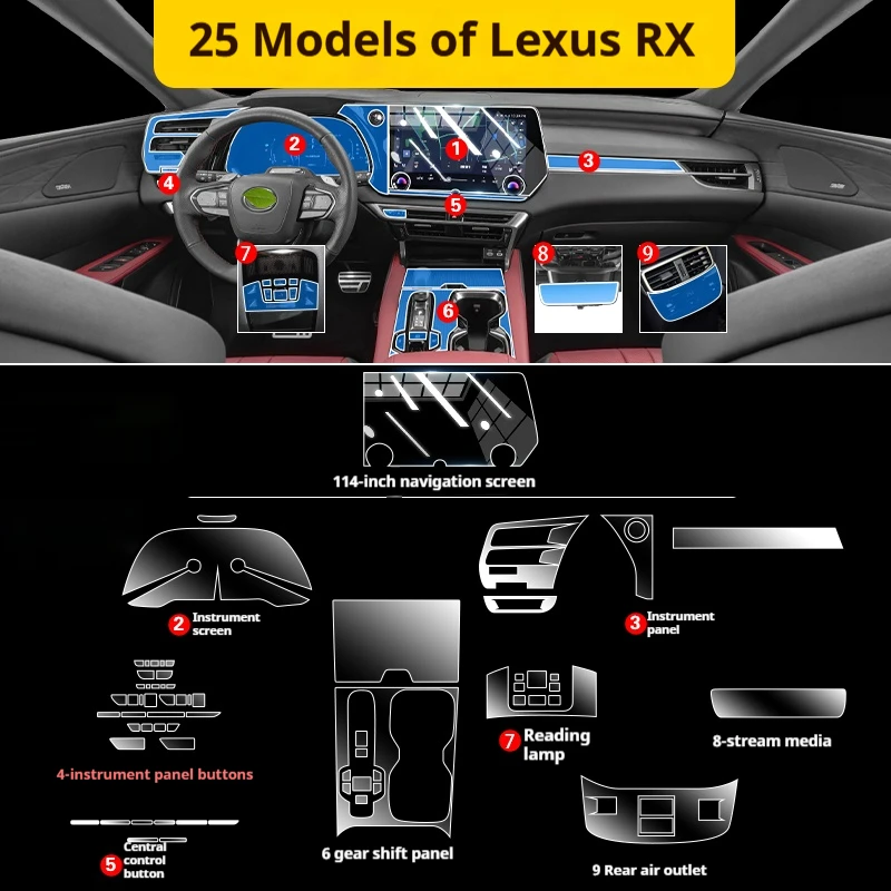 for lexus rx 2025 tpu transparent anti scratch car interior film sticker gear panel & center console protection accessories for lexus rx 2025 tpu transparent anti scratch car interior film sticker gear panel & center console protection accessories