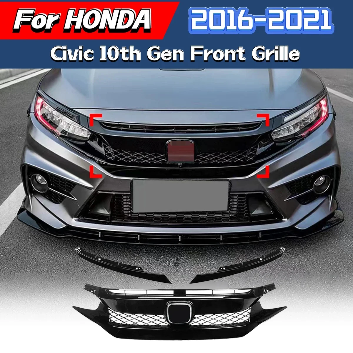 for honda civic 10th gen 2016 2017 2018 2019 2020 2021 upper bumper hood mesh grills front bumper grille racing grill for honda civic 10th gen 2016 2017 2018 2019 2020 2021 upper bumper hood mesh grills front bumper grille racing grill