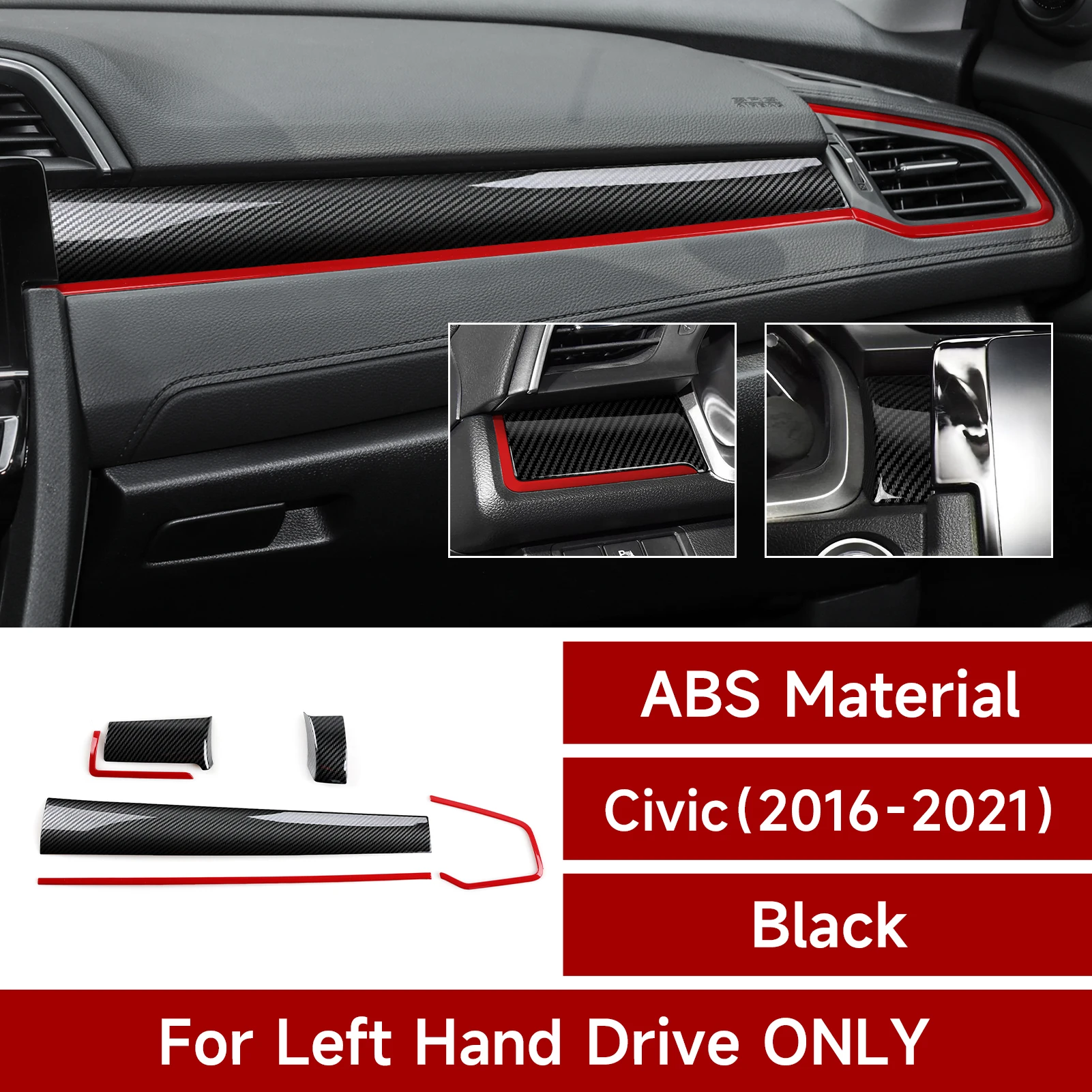 for honda civic 10th gen (2016 2021) , car center console dashboard panel carbon fiber abs interior sticker red line for honda civic 10th gen (2016 2021) , car center console dashboard panel carbon fiber abs interior sticker red line